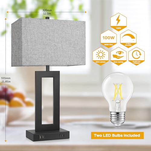 Set of 2 Modern Touch Control Table Lamps with 2 USB Ports, 22’’ Large Bedside Nightstand Lamps 3-Way Dimmable Desk Lamp With Grey Fabric Shade For Bedrooms Living Room Reading, 2 LED Bulbs Included | 3 Way Dimmable, Touch Control, Grey Fabric Shade, E26