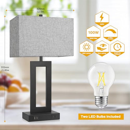 Set of 2 Modern Touch Control Table Lamps with 2 USB Ports, 22’’ Large Bedside Nightstand Lamps 3-Way Dimmable Desk Lamp With Grey Fabric Shade For Bedrooms Living Room Reading, 2 LED Bulbs Included | 3 Way Dimmable, Touch Control, Grey Fabric Shade, E26