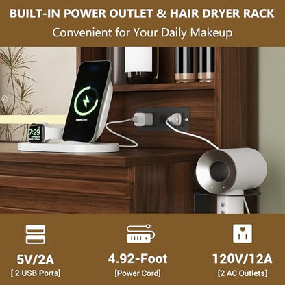 Makeup Vanity Desk with Lights, Fluted Vanity with 4 Drawers, Open Shelves, Power Outlet, LED Lighted Mirror, 3 Lighting Modes & Brightness Adjustable, Wood Dressing Table for Bedroom,Walnut - color: Walnut
