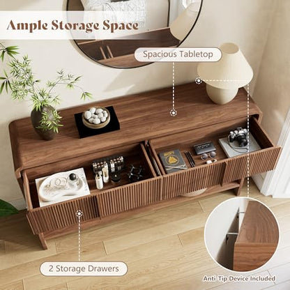 AMERLIFE 45" Fluted Entryway Console Table with 2 Drawers and Open Shelf | Modern Entryway Table with Rounded Edges, Wood Sofa Table for Hallway, Foyer, Behind Couch, Living Room, Brown - color: Brown - Fluted Panel, size: 45"