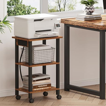 TUTOTAK Printer Stand, 3 Tier Rolling Printer Cart with Charging Station | Small Under Desk Printer Table with Wheels for Small Space, Office, Home, Brown PS02BB001 - color: Brown, size: 3 tier(15.7 x 11.8 x 23.6inchs)