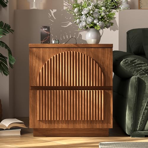 Fluted Nightstand with Charging Station, 2 Drawers, Walnut | Fluted nightstand with charging station, 2 drawers, arched fronts and a curved base - size: 1PCS