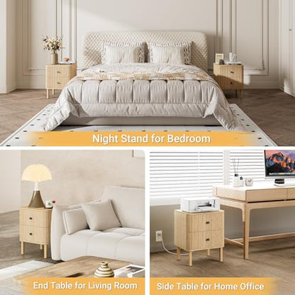 Fluted Nightstand Set of 2 with Charging & Rounded Drawer Fronts | 18in Wide, Bedroom, Natural Oak, FSC-Certified MDF, Solid Wood Legs, 2 Drawer, Metal Knobs, Bedside Table, End Table, Modern - color: Natural Oak - Rounded Drawer, size: 18"W