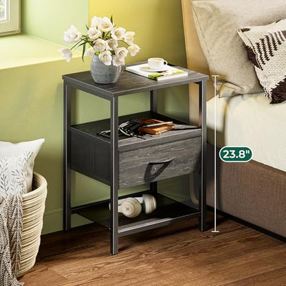 Huuger Nightstand Set of 2, Night Stand with Fabric Drawer, Mesh Shelf, Side Table with Storage, Fabric Drawer Dresser, Open Shelf, Metal Frame, Bedroom, Charcoal Black Wood Grain Print - color: Charcoal Black Wood Grain Print