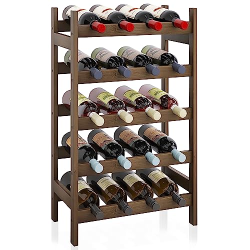 SMIBUY Bamboo Wine Rack, 20 Bottles Display Holder, 5-Tier Free Standing Storage Shelves for Kitchen, Pantry, Cellar, Bar (Walnut) - color: Walnut