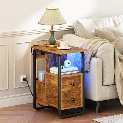 HOOBRO Narrow Nightstand with Charging Station & LED Lights, Narrow Side Table with Fabric Drawer, Open Shelves, Slim End Table for Living Room, Bedroom, Rustic Brown and Black BF430UDBZ01 - color: Rustic Brown + Black