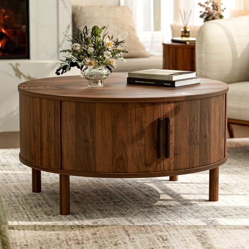 ZttRiee Round Coffee Table with Sliding Doors, Mid-Century, Walnut | Ø30.0"D x 16.3"H, 200 lbs capacity, dual sliding-door storage, ~45 min assembly - color: Walnut_lsj031-wa