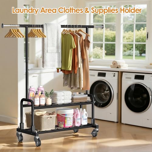 Luxspire Rolling Heavy Duty Clothes Rack with 2 Sturdy Shelves Load 600 LBS | Zinc-iron alloy frame, lockable silent wheels, adjustable extendable rods for bedroom and laundry room garment storage - color: Black