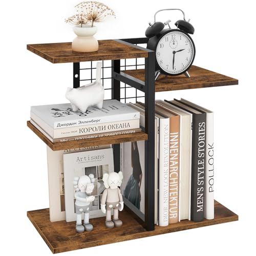 ELITEROO Desktop Shelf Organizer, 4-Tier Wooden Desk Bookshelf, Small Tabletop Book Shelf, Adjustable Display Rack for Home, Office, Dorm, Rustic Brown - color: Brown