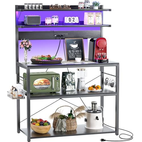 Aheaplus Bakers Rack with Power Outlet, Microwave Stand, 5 Tiers Coffee Bar Station with Led Lights, Kitchen Storage Shelf with 6 S-shaped Hooks, Kitchen Rack Coffee Bar Stand, Black - color: Black, size: 31.5 inch