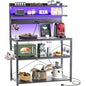 Aheaplus Bakers Rack with Power Outlet, Microwave Stand, 5 Tiers Coffee Bar Station with Led Lights, Kitchen Storage Shelf with 6 S-shaped Hooks, Kitchen Rack Coffee Bar Stand, Black - color: Black, size: 31.5 inch