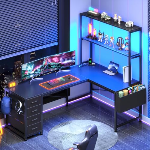 SEDETA L Shaped Gaming Desk, 51.2" Reversible Small Corner Desk with 4 Drawer, Power Outlet & LED Lights, Home Office Desk with Storage Shelves for Small Space, Black - color: Black