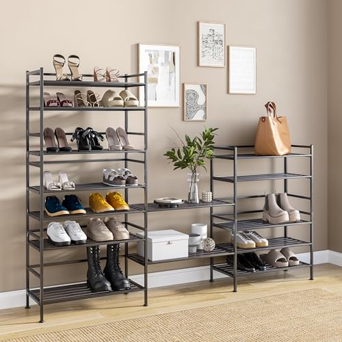 3-Tier Stackable 1" Slat Steel Frame Shoe Rack, 27.25"W x 12.75"D, Espresso | Interlocking modular design maximizes storage while the sturdy steel frame holds up to 12 pairs of shoes (Patented Design) - color: Espresso Slat, size: 3-Tier (NEW MODEL)