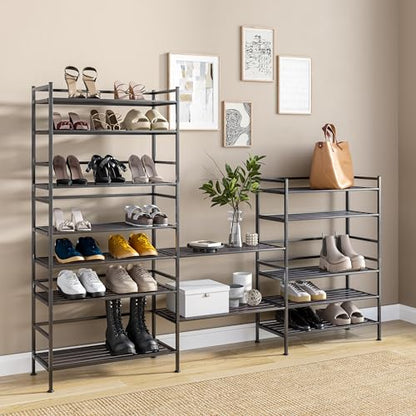 3-Tier Stackable 1" Slat Steel Frame Shoe Rack, 27.25"W x 12.75"D, Espresso | Interlocking modular design maximizes storage while the sturdy steel frame holds up to 12 pairs of shoes (Patented Design) - color: Espresso Slat, size: 3-Tier (NEW MODEL)