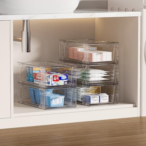 2 Pack Stackable Makeup Organizer,Modular Storage Bins with Handles for Fridge,Bathroom,Kitchen Under sink,Cabinet,Pantry Organization Drawer