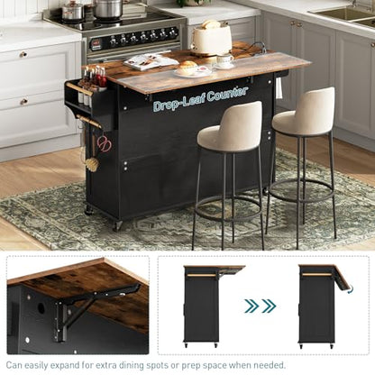 RALGEND Kitchen Island with Drop Leaf & Power Outlet, Rolling Kitchen Island Cart On Wheels, Barn Door Kitchen Island Table with Storage, Island Table for Kitchen, Black and Rustic Brown - color: Black + Rustic Brown