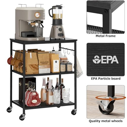 Homleke 3-Tier Rolling Kitchen Microwave Cart, Kitchen Utility Cart on Lockable Wheels, Coffee Bar Table Station with 6 S-Shaped Hooks, Small Appliance Storage Shelf, Black - color: Black, size: 3-Tier