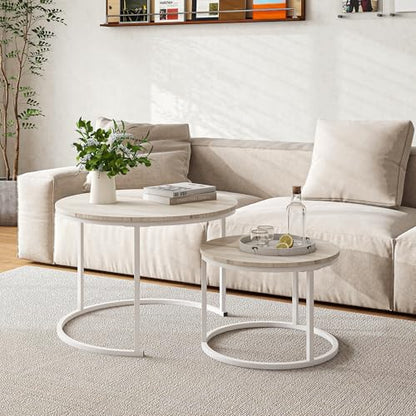 HOJINLINERO Round Coffee Table,Nesting Coffee Table Set of 2,Center Tables for Living Room,Office, Home Small Space,Stacking Side Tables,Sturdy and Easy Assembly,Wood Desktop,Oak+White,Large - color: Wh-oak, size: Large