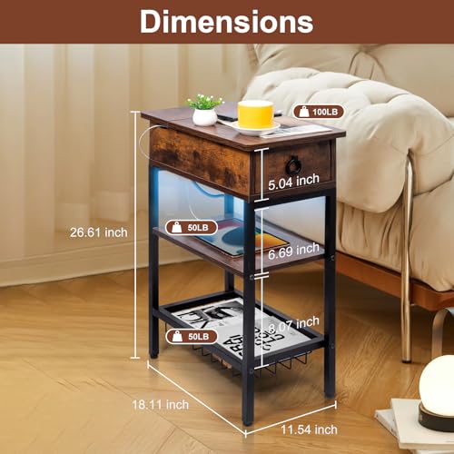 Narrow Nightstand with LED Light, End Tables Bedroom with Charging Station, LED Side Table Living Room with Drawer Storage, Small Bedside Table with Ports and Outlets for Gaming Room - color: Rustic Brown With Light, style: Modern