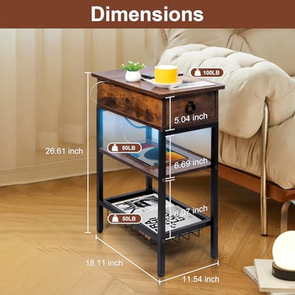 Narrow Nightstand with LED Light, End Tables Bedroom with Charging Station, LED Side Table Living Room with Drawer Storage, Small Bedside Table with Ports and Outlets for Gaming Room - color: Rustic Brown With Light, style: Modern