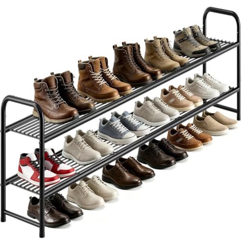 AOODA Long 2 Tier Shoe Rack for Closet Metal Wide Stackable Shoe Storage Organizer for Entryway, Bedroom, Floor, 18-Pairs Low Shoe Shelf, Black - color: Black, size: 11.4 x 42.7 x 18.7