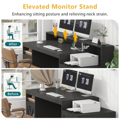 65" Farmhouse Computer Desk with Drawers and Printer Stand for Home Office | Office Desk with Power Outlets and Storage Cabinet, Study Writing Desks with Long Monitor Stand, Black - color: Black