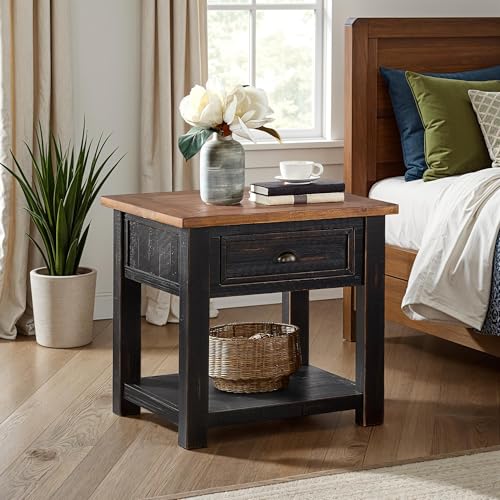 Monterey Farmhouse Rustic End Table, Solid Pine Wood Coastal Side Table with Drawer and Shelf. Black and Honey. | Farmhouse Rustic, Coastal Side Table, Drawer and Storage Shelf - color: Black and Honey