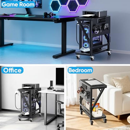 POKIPO Computer Tower Stand with Charge Station and USB Port,Pc CPU Holder Cart for Floor Carpet with Wheels,Heavy Duty Metal,Adjustable Height,Rolling Pc Printer Desktop Under Desk for Home Office