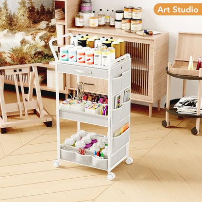BBLIKE 3-Tier Diaper Caddy Organizer - Rolling Utility Baby Cart with Drawer and Side Pockets for Nursery and Baby Essentials, Multi-Function Cart for Bedroom and Bathroom, White - style: Drawer-White