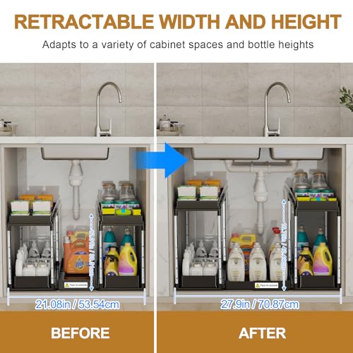 NIUXX Expandable Under Sink Organizer: 2 Tier Height Adjustable Under Cabinet Organizer - Double Pull Out Shelf Under Sink Storage for Kitchen - Bathroom and Laundry Room - Space Saving - size: 27.9"L x 15.51"W-Height adjustable