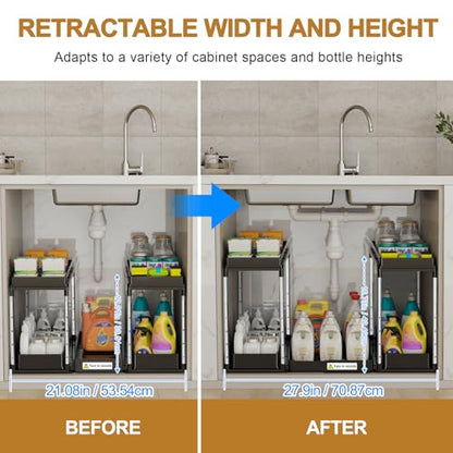 NIUXX Expandable Under Sink Organizer: 2 Tier Height Adjustable Under Cabinet Organizer - Double Pull Out Shelf Under Sink Storage for Kitchen - Bathroom and Laundry Room - Space Saving - size: 27.9"L x 15.51"W-Height adjustable