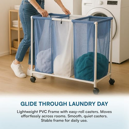 Honey-Can-Do HMP-01629 3 bag mesh laundry sorter, 30.5" x 15.3" x 30" , Blue/White