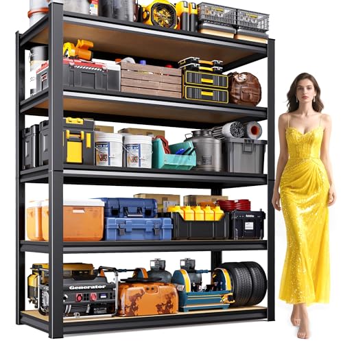 AOARGG 78"H-45.6"W Garage Shelving Heavy Duty Storage Shelves, Metal Adjustable Shelving Unit, Utility Garage Organizer Shelf for Basement, Pantry, Kitchen, Warehouse, 45.6"W x 19.7"D x 78"H - size: 5-Wood-19.7"Dx45.6"Wx77.9"H