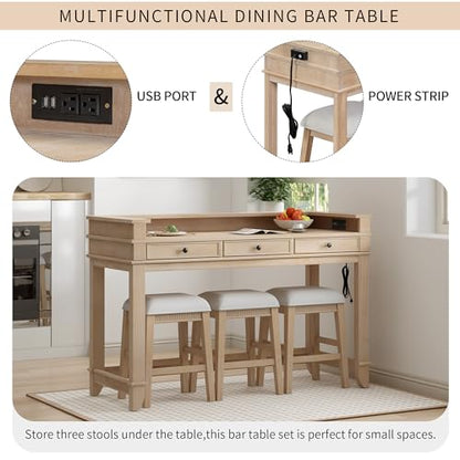 4-piece Dining Bar Table Set with 3 Upholstered Stools, Rubber Wood Counter Height Multifunctional Dining Table with 3 Drawers and USB Port, Side Table with Footrest Pub Kitchen Set (Natural-N2) - color: Natural-n2