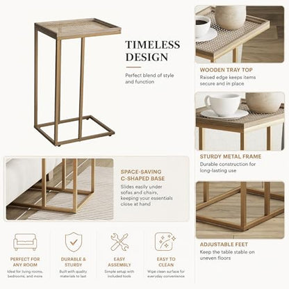 Farmhouse C Shaped End Table with Distressed Wood & Metal Woven Tray Top, Modern Slim Snack Side Table with Metal Base, Gold - color: Gold, style: Metal Woven