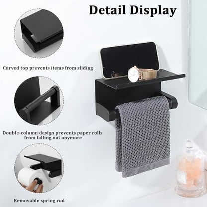 Alise Black Toilet Paper Holder,Bathroom Adhesive Toilet Paper Holder SUS304 Stainless Steel Toilet Paper Roll Holder with Shelf Spring Loaded Tissue Holder Wall Mount(Adhesive or Screw) - color: Matte Black, size: with Shelf