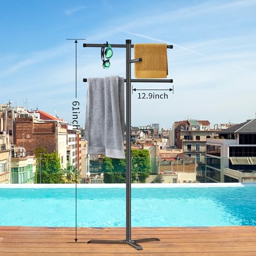 Pool Towel Rack Outdoor, Heavy Duty Outdoor Towel Rack, 61 Inch Free Standing Rack for Pool & Hot Tub, Drying Towels, Swimsuits, Life Jackets and Goggles, Ideal Pool Accessories