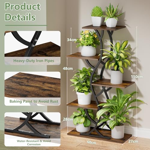 Plant Stand Indoor with Grow Lights - 5 Tiered Corner Plant Shelves (Brown) | 44" Tall Metal Plant Shelf, S-Shape Lighted Flower Holder Dispaly Rack for Living Room, Home, Patio, Balcony