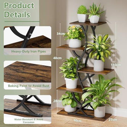 Plant Stand Indoor with Grow Lights - 5 Tiered Corner Plant Shelves (Brown) | 44" Tall Metal Plant Shelf, S-Shape Lighted Flower Holder Dispaly Rack for Living Room, Home, Patio, Balcony