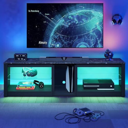 Bestier TV Stand for 70 inch TV, Gaming Entertainment Center for PS5, LED TV Cabinet with Glass Shelves for Living Room, 63'' Inch, Marble Black