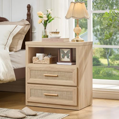 RWYHG 24'' Wide Farmhouse Night Stand with 2 Drawers,Rattan Nightstand | Modern Boho End Table Open Storage Shelf, Metal Handle, Mid-Century Wood Bed Side Table for Bedroom, Living Room - color: Natural（rattan ）