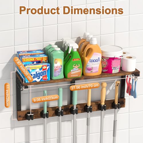 Housolution Wall Mount Broom Holder Laundry Room Storage Organizer Shelves | Thickened Metal Frame, 100 LBS High Load-Bearing, Large Capacity, Multifunctional with 7 Grippers & 8 Hooks - size: 7 Grippers with 1 Tier Shelf