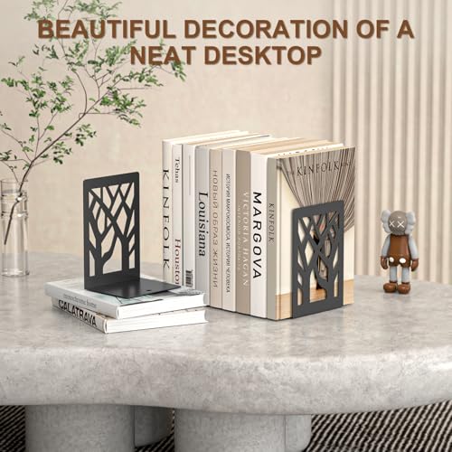VFINE 2-Piece Modern Metal Bookends for Shelves, Black Tree Book Ends for Books, Decorative Book Organizer for Desk, Non-Skid Shelve Bookends for Home Office - style: Black bookend 1 pair