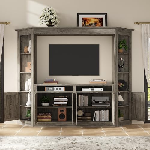 ECACAD 4-Piece Large Wall Unit TV Stand with Bookshelves for TVs up to 70", Farmhouse Entertainment Center with 16 Storage Shelves, Rustic Media Console Table for Living Room, Bedroom, Gray