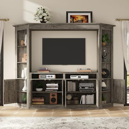 ECACAD 4-Piece Large Wall Unit TV Stand with Bookshelves for TVs up to 70", Farmhouse Entertainment Center with 16 Storage Shelves, Rustic Media Console Table for Living Room, Bedroom, Gray
