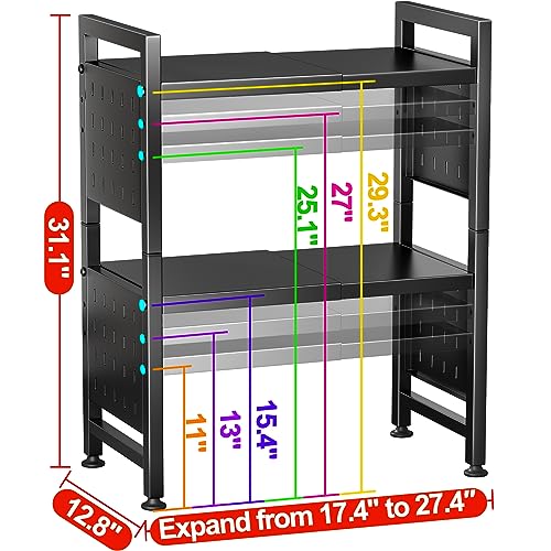 Microwave Stand, 3-Tier Expandable(17.4"- 27.4") Heavy Duty Adjustable Shelf Microwave Oven Rack, Kitchen Countertop Organizer and Storage with 9 Hooks & Cutting Board Holder, Holds up 180 lbs, Black - style: 3 Tier-Black