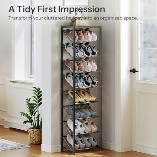 HOOBRO Narrow Shoe Rack for Small Spaces, Slanted Shoe Organizer for Entryway, Slim Angled Shoe Storage Rack for Closet, Space Saving 9 Tier Shoe Shelf Holds 8-16 Pairs, Rustic Brown BF92XJ01 - size: 9 Tier ( 60.6"H)