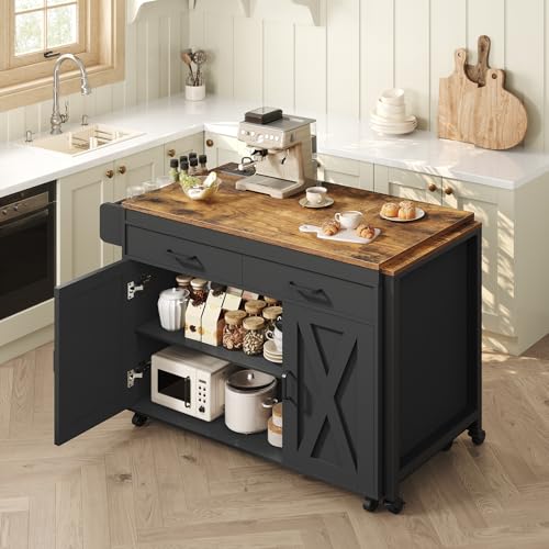 YATINEY Extendable Kitchen Island, Large Mobile Kitchen Storage Island, Rolling Kitchen Cart with Outlets, Island Table for Kitchen, Rustic Brown ZD03UBR - color: Rustic Brown + Black