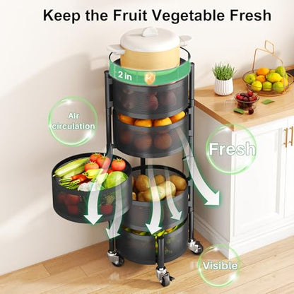 SAYZH Fruit Vegetable Basket for Kitchen, Rotating Storage Rack, 5 Tier Rolling Cart with top lid, Large Metal Wire Wheels, Black - color: Black