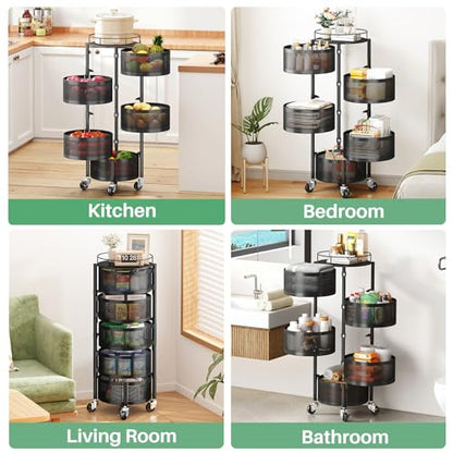 SAYZH Fruit Vegetable Basket for Kitchen, Rotating Storage Rack, 5 Tier Rolling Cart with top lid, Large Metal Wire Wheels, Black - color: Black